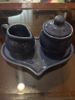 Blue Ceramic Sugar and Creamer Set on Heart Tray
